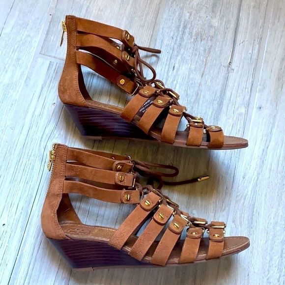 Tory Burch Gladiator Brown Sandal Gold 6 1/2 M Leather Wedge Ankle Strap Boho - Picture 13 of 14